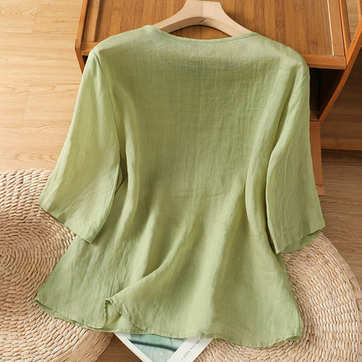 Buddha Stones Casual Embroidery Flowers Cotton Polyester Half Sleeve Women's Crew Neck Shirt - image 17