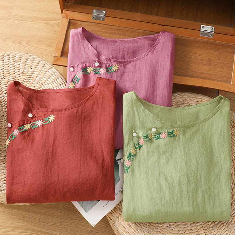 Buddha Stones Casual Embroidery Flowers Cotton Polyester Half Sleeve Women's Crew Neck Shirt - image 23