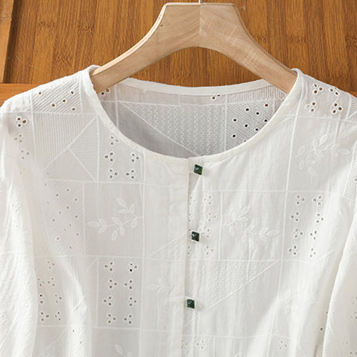 Buddha Stones Casual Embroidery Hollow Cotton Polyester Half Sleeve Women's Crew Neck Shirt - image 1