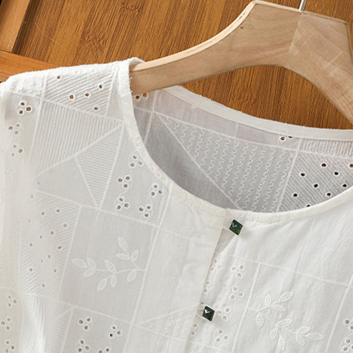 Buddha Stones Casual Embroidery Hollow Cotton Polyester Half Sleeve Women's Crew Neck Shirt - image 3