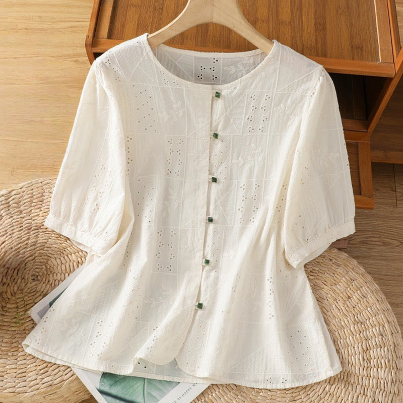 Buddha Stones Casual Embroidery Hollow Cotton Polyester Half Sleeve Women's Crew Neck Shirt - OldLace - US8-10，UK/AU12-14，EU40-42 (2XL) - image 7