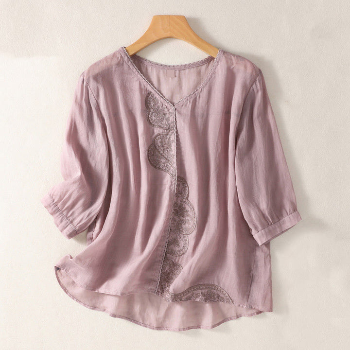 Buddha Stones Casual Embroidered Pattern Women's V-neck Design Half Sleeve Cotton Linen T-shirt - Plum - US14，UK/AU18，EU46 (2XL) - image 0