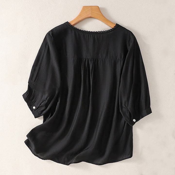 Buddha Stones Casual Embroidered Pattern Women's V-neck Design Half Sleeve Cotton Linen T-shirt - Black - US14，UK/AU18，EU46 (2XL) - image 5