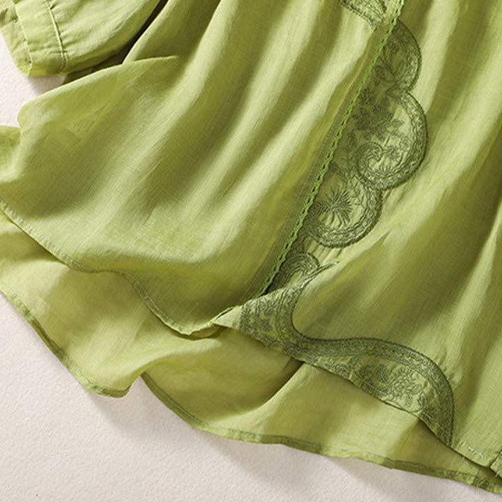 Buddha Stones Casual Embroidered Pattern Women's V-neck Design Half Sleeve Cotton Linen T-shirt - image 17