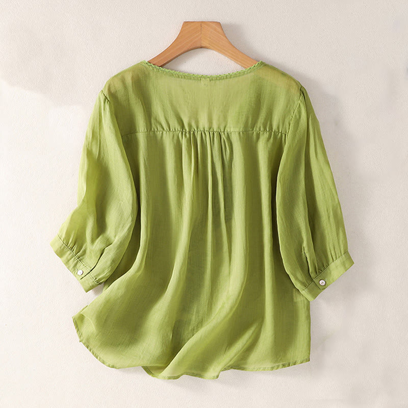 Buddha Stones Casual Embroidered Pattern Women's V-neck Design Half Sleeve Cotton Linen T-shirt - image 14