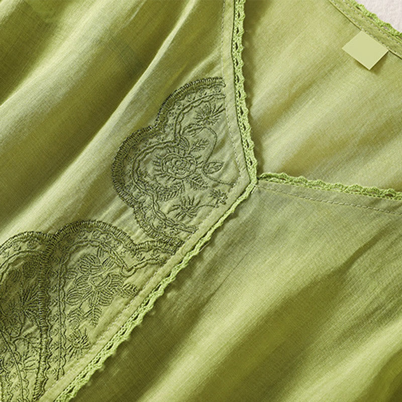 Buddha Stones Casual Embroidered Pattern Women's V-neck Design Half Sleeve Cotton Linen T-shirt - image 16