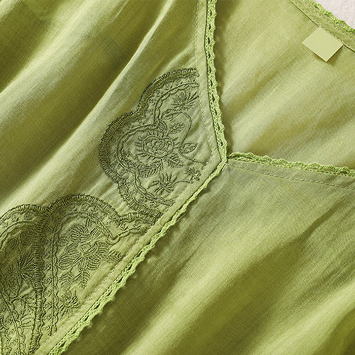 Buddha Stones Casual Embroidered Pattern Women's V-neck Design Half Sleeve Cotton Linen T-shirt - image 16