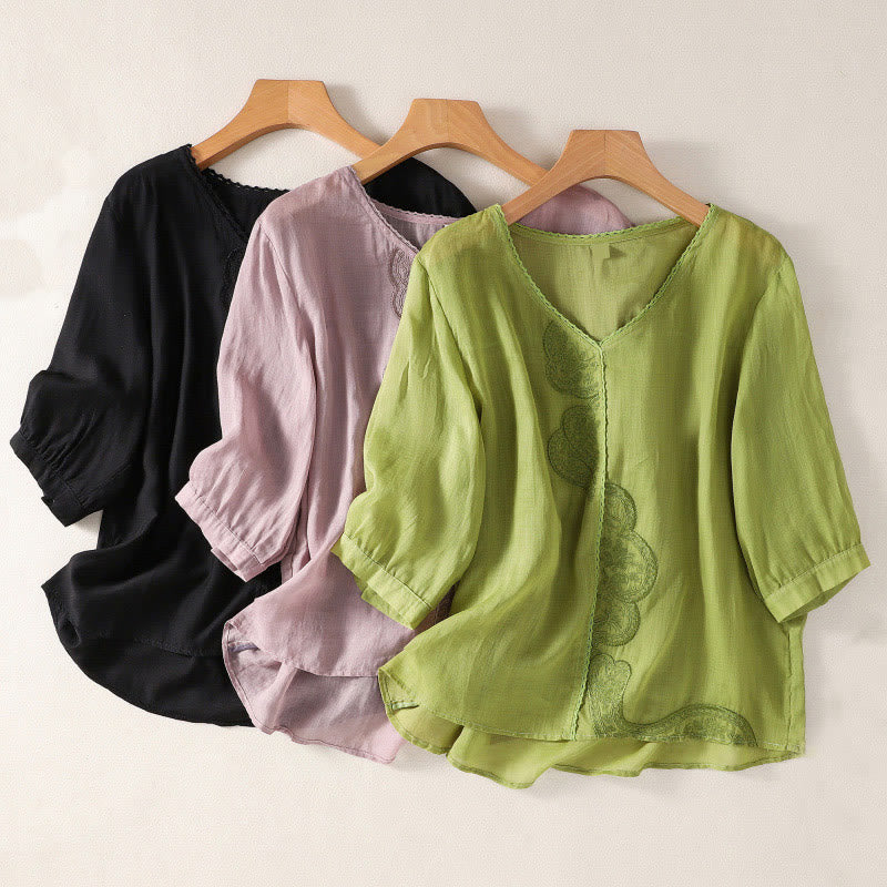 Buddha Stones Casual Embroidered Pattern Women's V-neck Design Half Sleeve T-shirt - image 23