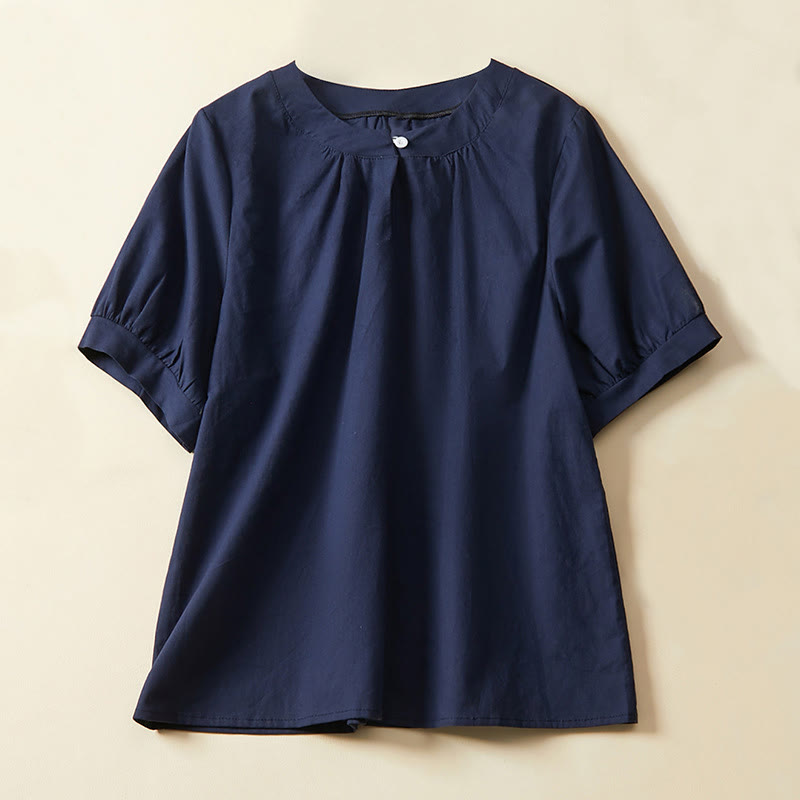 Buddha Stones Casual Plain Button Women's Short Sleeve Cotton Linen T-shirt - Navy - US14，UK/AU18，EU46 (2XL) - image 5