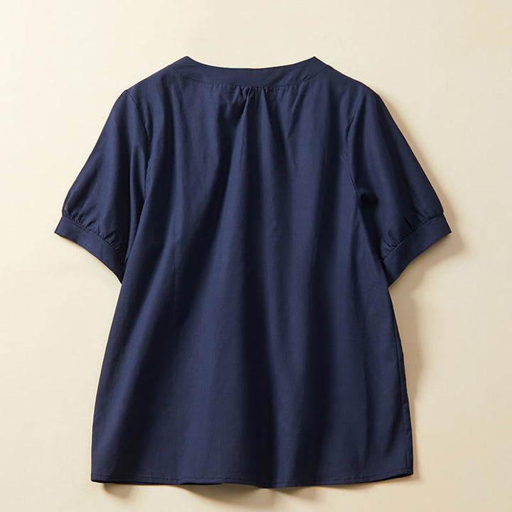 Buddha Stones Casual Plain Button Women's Short Sleeve Cotton Linen T-shirt - image 5