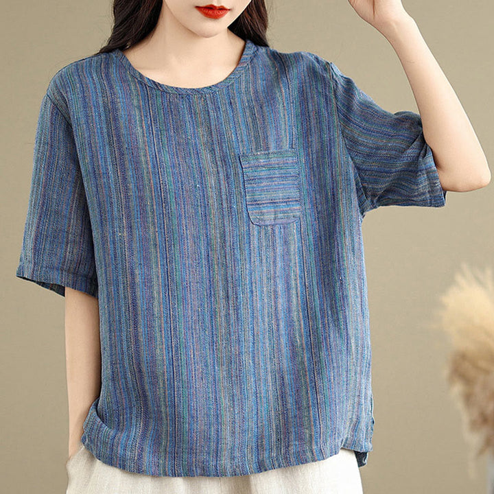 Buddha Stones Casual Retro Striped Women's Half Sleeve Cotton Linen T-shirt - image 3