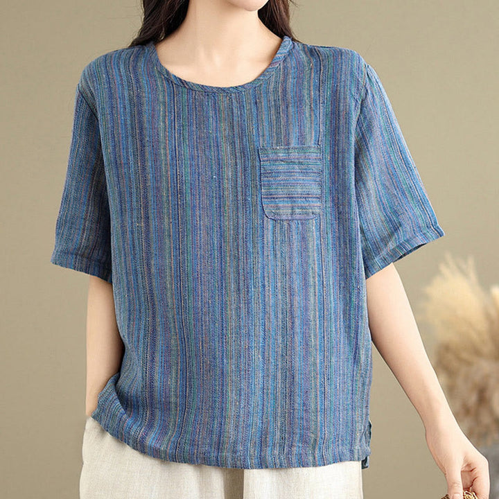 Buddha Stones Casual Retro Striped Women's Half Sleeve Cotton Linen T-shirt - image 8