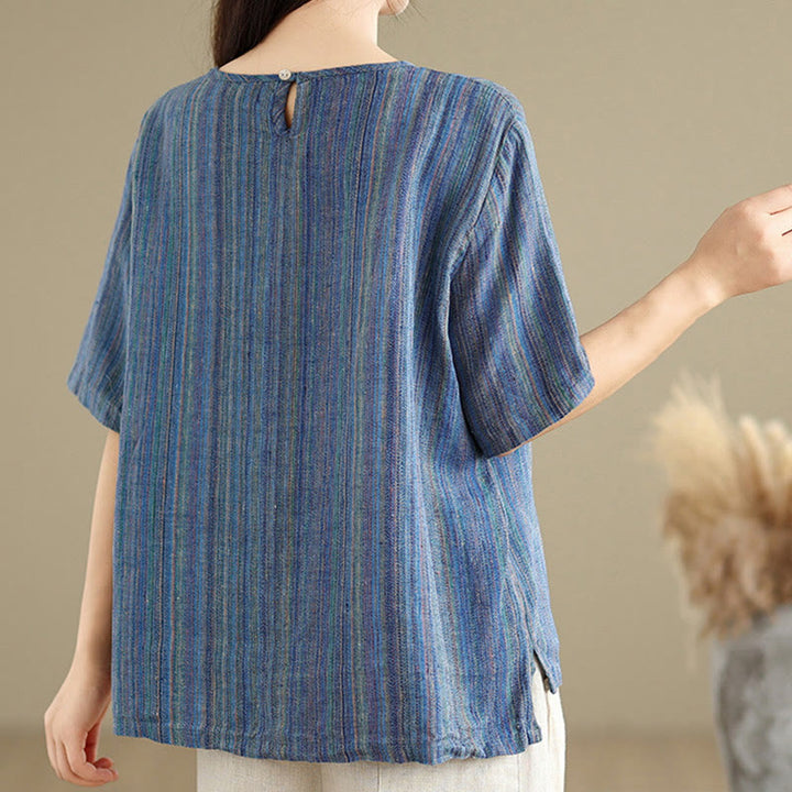 Buddha Stones Casual Retro Striped Women's Half Sleeve Cotton Linen T-shirt - image 9