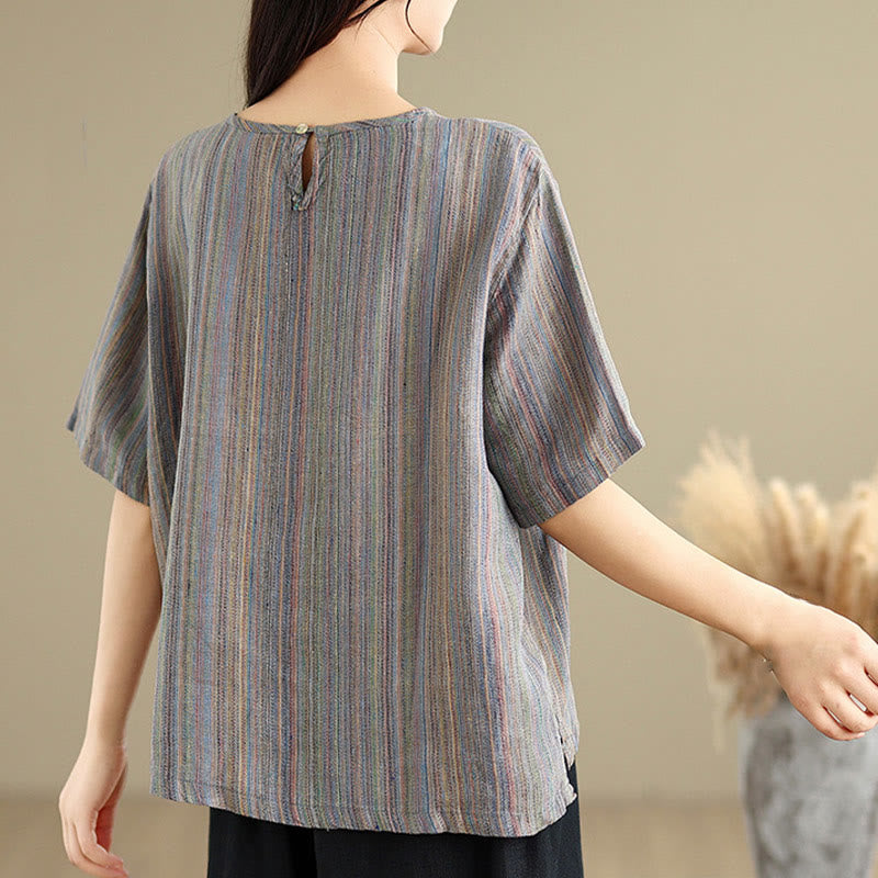 Buddha Stones Casual Retro Striped Women's Half Sleeve Cotton Linen T-shirt - image 14