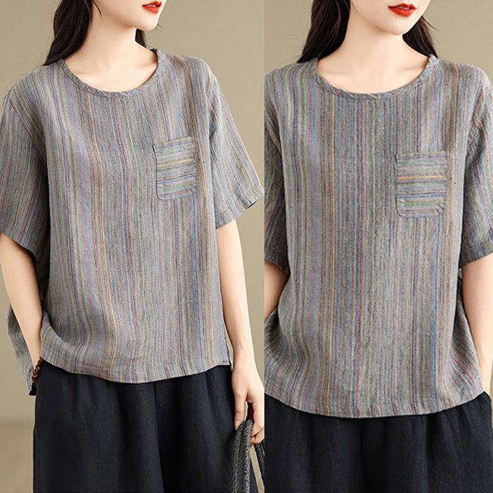 Buddha Stones Casual Retro Striped Women's Half Sleeve Cotton Linen T-shirt - image 15