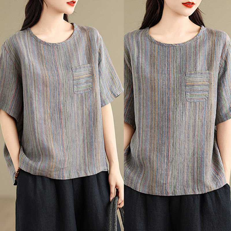 Buddha Stones Casual Retro Striped Women's Half Sleeve Cotton Linen T-shirt - image 14