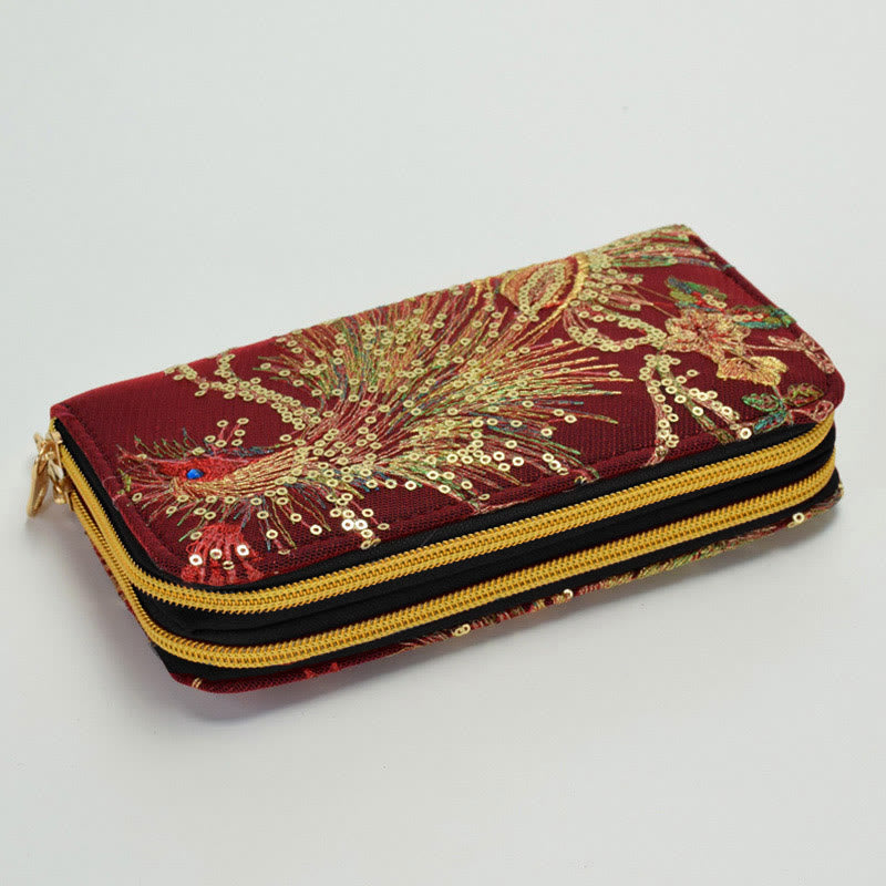 Peacock Double-sided Embroidery Cash Holder Wallet Shopping Purse - Wine Red Peacock - image 8