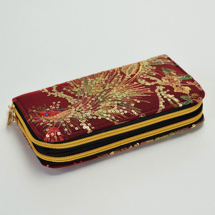 Peacock Double-sided Embroidery Cash Holder Wallet Shopping Purse - Wine Red Peacock - image 8