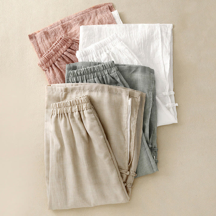 Buddha Stones Frog-Button Hem Slit Design Women's Wide Leg Cotton Linen Pants With Pockets - image 20