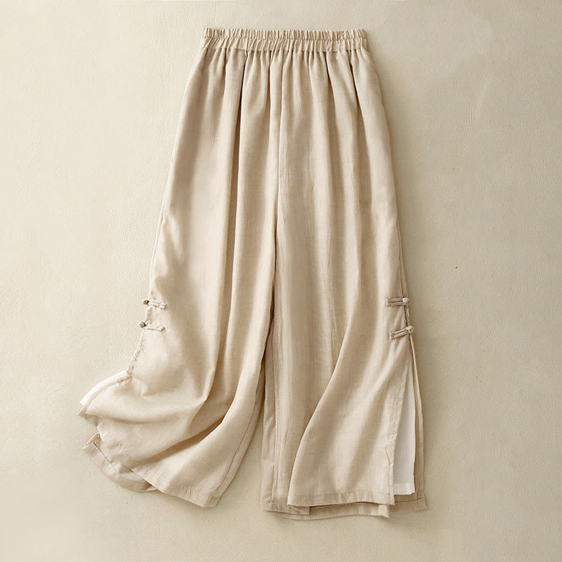 Buddha Stones Frog-Button Hem Slit Design Women's Wide Leg Cotton Linen Pants With Pockets - Beige - US8-10，UK/AU12-14，EU40-42 (2XL) - image 1