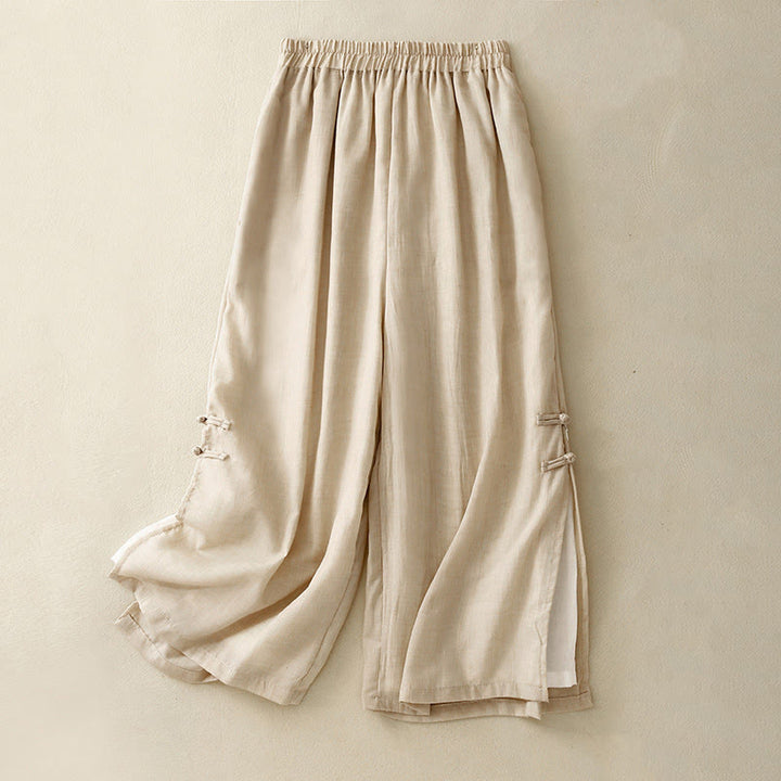 Buddha Stones Frog-Button Hem Slit Design Women's Wide Leg Cotton Linen Pants With Pockets - Beige - US8-10，UK/AU12-14，EU40-42 (2XL) - image 1