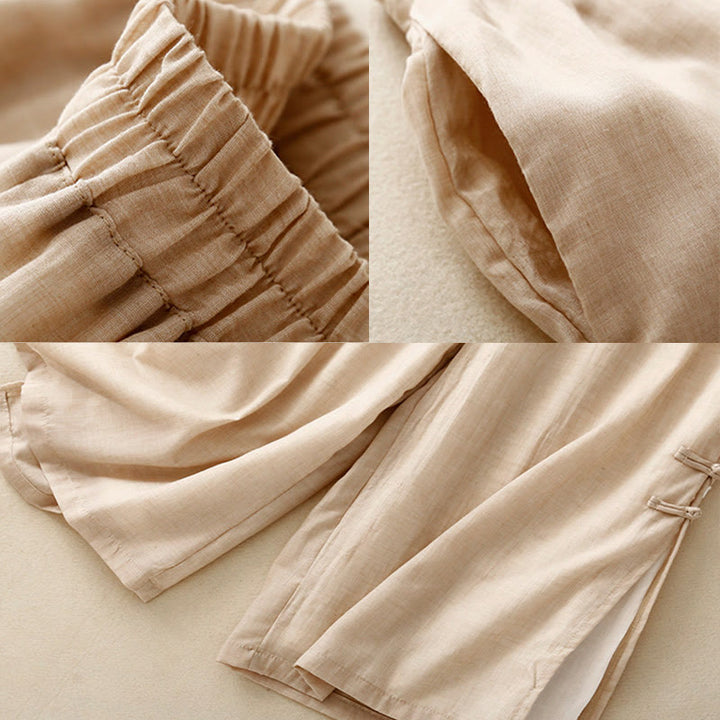 Buddha Stones Frog-Button Hem Slit Design Women's Wide Leg Cotton Linen Pants With Pockets - image 8