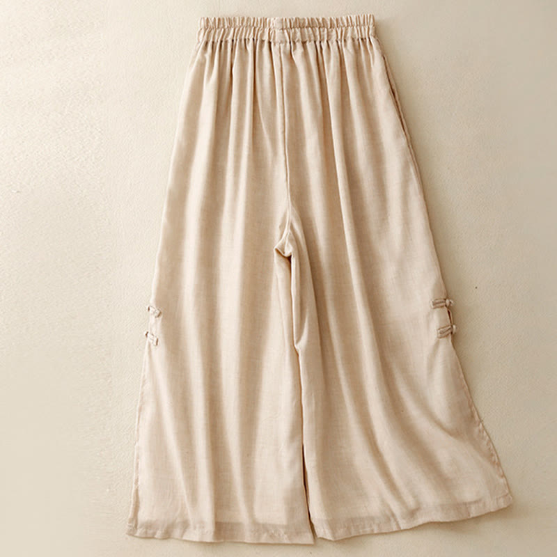 Buddha Stones Frog-Button Hem Slit Design Women's Wide Leg Cotton Linen Pants With Pockets - image 1