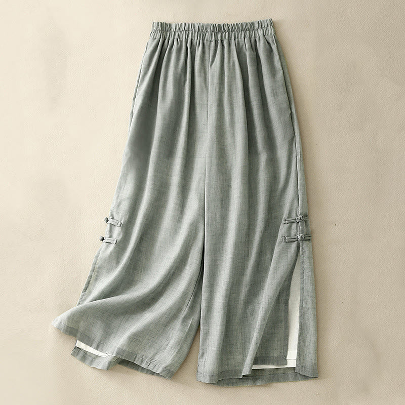 Buddha Stones Frog-Button Hem Slit Design Women's Wide Leg Cotton Linen Pants With Pockets - MediumAquamarine - US8-10，UK/AU12-14，EU40-42 (2XL) - image 18