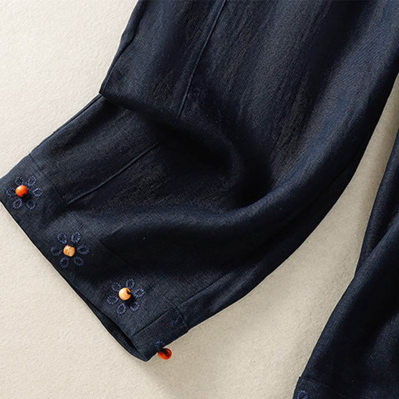 Buddha Stones Casual Embroided Bead Drawstring Women's Wide Leg Cotton Pants With Pockets - image 5