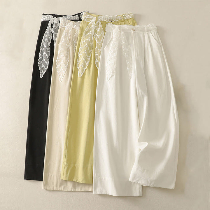 Buddha Stones Daily Solid Color Lace Belt Women's Wide Leg Cotton Pants With Pockets - image 27
