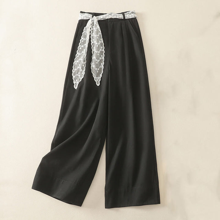 Buddha Stones Daily Solid Color Lace Belt Women's Wide Leg Cotton Pants With Pockets - Black - US8-10，UK/AU12-14，EU40-42 (2XL) - image 17