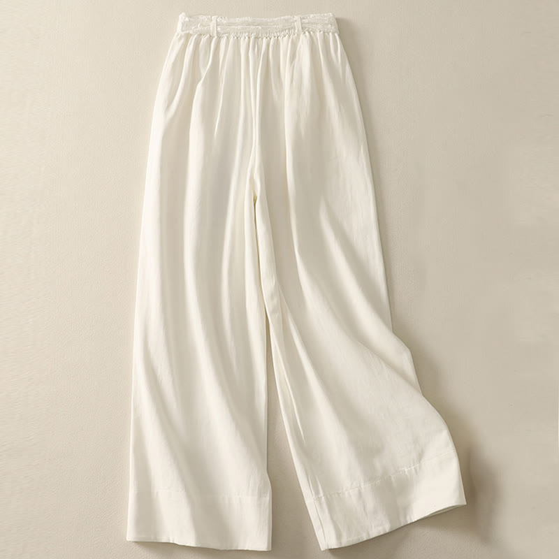 Buddha Stones Daily Solid Color Lace Belt Women's Wide Leg Cotton Pants With Pockets - image 7