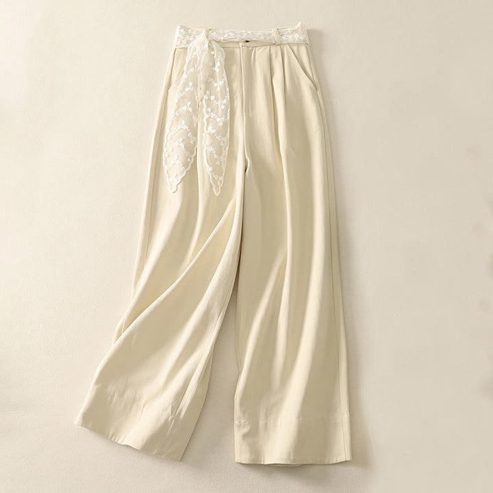 Buddha Stones Daily Solid Color Lace Belt Women's Wide Leg Cotton Pants With Pockets - Beige - US8-10，UK/AU12-14，EU40-42 (2XL) - image 1