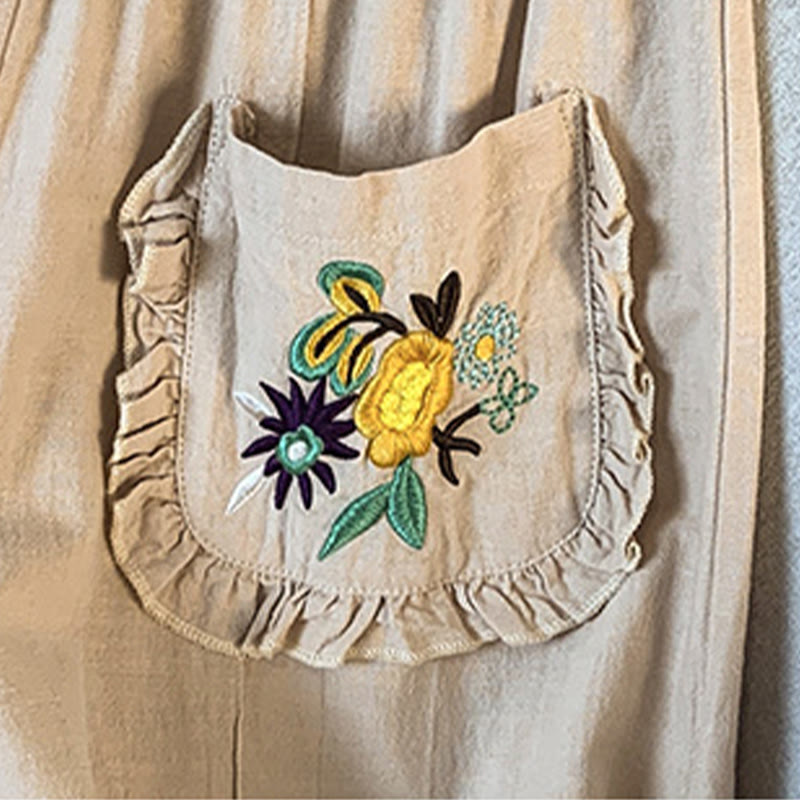 Buddha Stones Casual Beige Embroidery Women's Wide Leg Cotton Linen Pants With Pockets - image 8