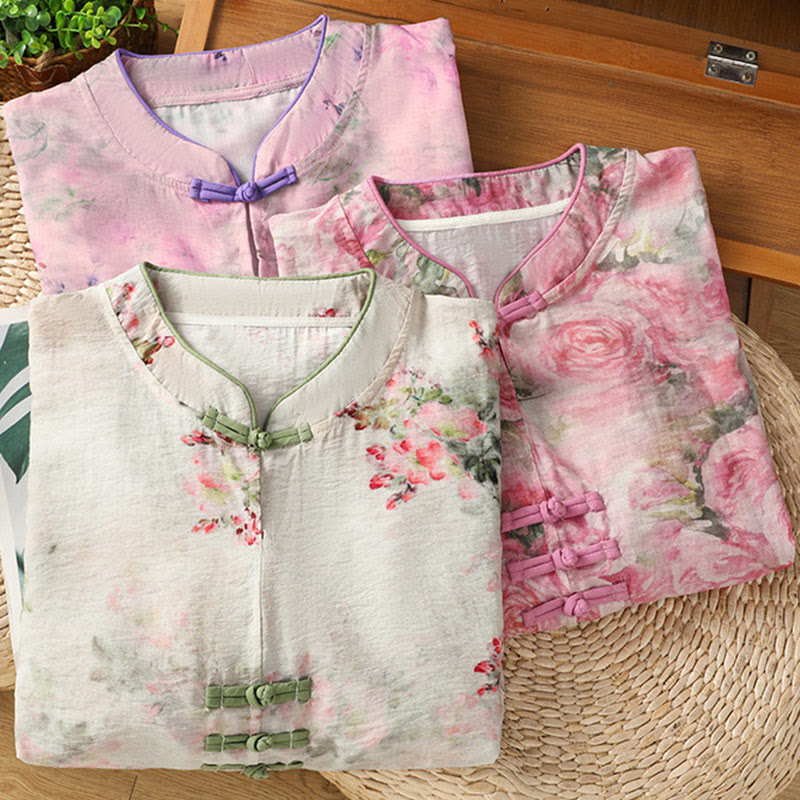 Buddha Stones Printing Floral Plain Chinese Frog-Button Women's Cotton Three Quarter Sleeve Shirt - image 22