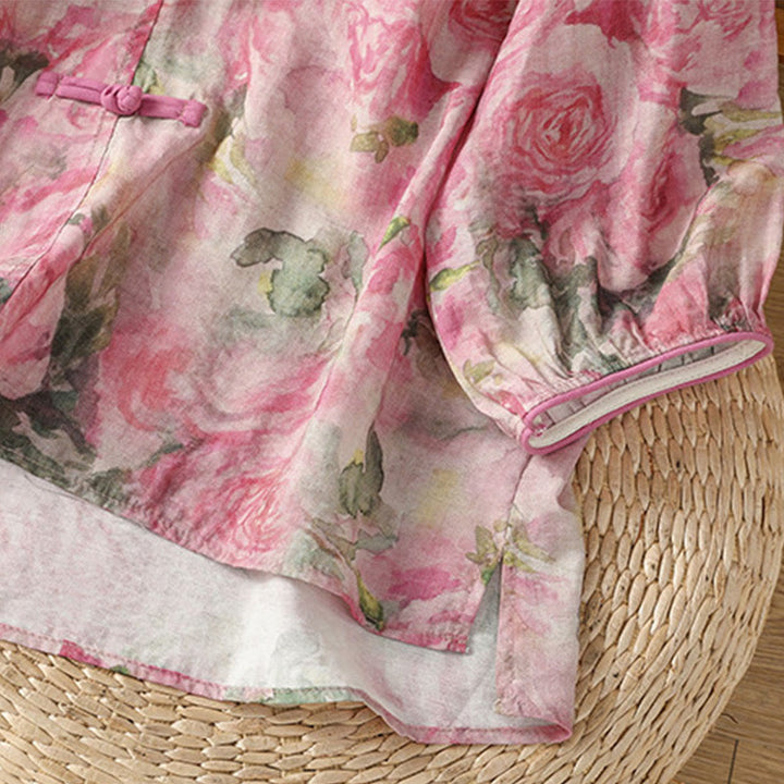 Buddha Stones Printing Floral Plain Chinese Frog-Button Women's Cotton Three Quarter Sleeve Shirt - image 13