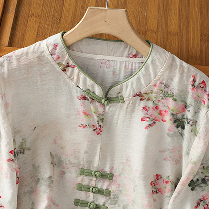 Buddha Stones Printing Floral Plain Chinese Frog-Button Women's Cotton Three Quarter Sleeve Shirt - image 2