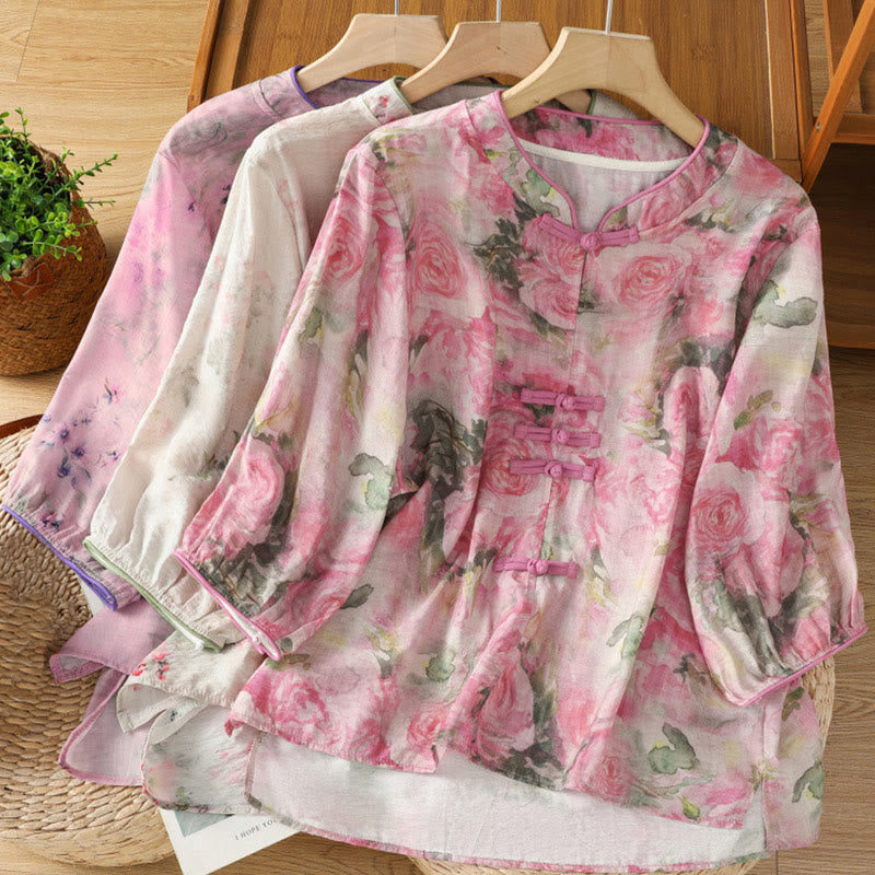 Buddha Stones Printing Floral Plain Chinese Frog-Button Women's Cotton Three Quarter Sleeve Shirt - image 21