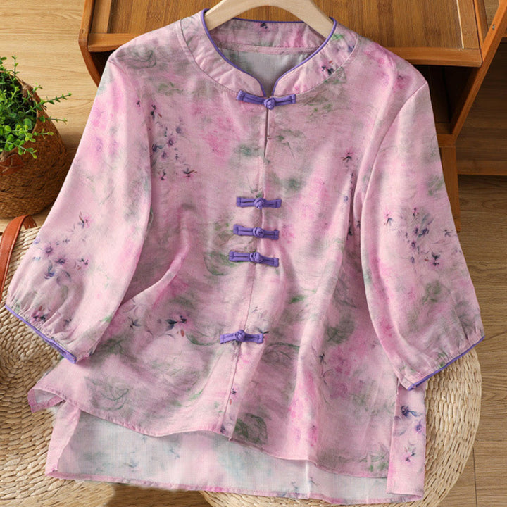Buddha Stones Printing Floral Plain Chinese Frog-Button Women's Cotton Three Quarter Sleeve Shirt - Violet - US12，UK/AU16，EU44 (2XL) - image 15