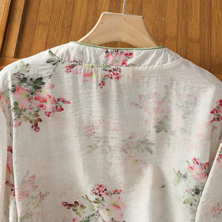 Buddha Stones Printing Floral Plain Chinese Frog-Button Women's Cotton Three Quarter Sleeve Shirt - image 3