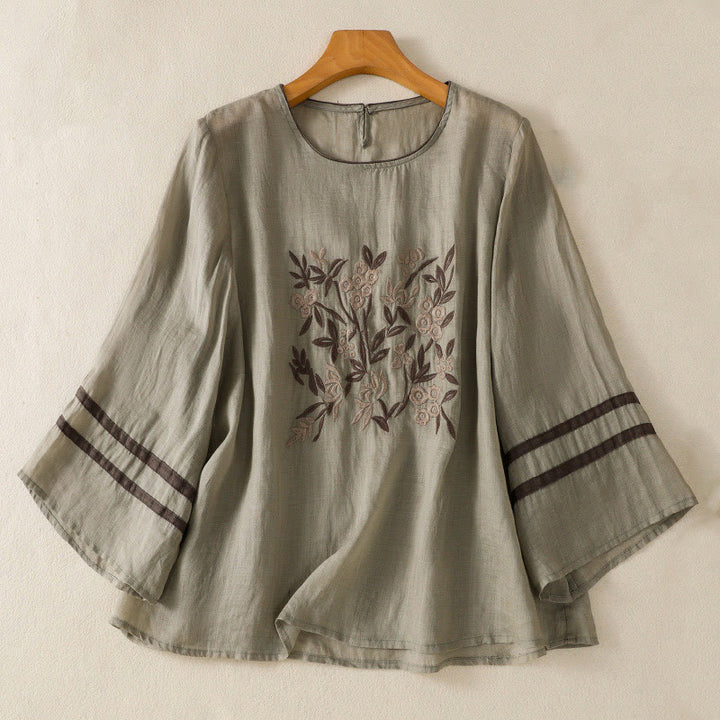 Buddha Stones Retro Embroidery Floral Three Quarter Sleeve Women's T-Shirt - DarkSeaGreen - US14，UK/AU18，EU46 (2XL) - image 8