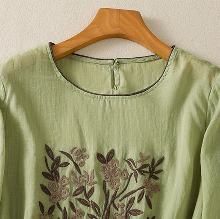 Buddha Stones Retro Embroidery Floral Three Quarter Sleeve Women's Cotton T-Shirt - image 18