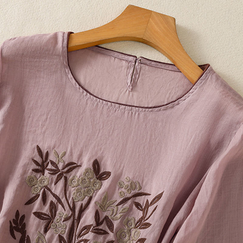 Buddha Stones Retro Embroidery Floral Three Quarter Sleeve Women's Cotton T-Shirt - image 25