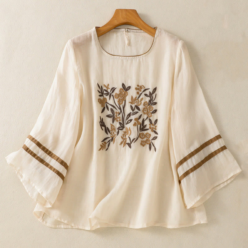 Buddha Stones Retro Embroidery Floral Three Quarter Sleeve Women's T-Shirt - Beige - US8-10，UK/AU12-14，EU40-42 (2XL) - image 0