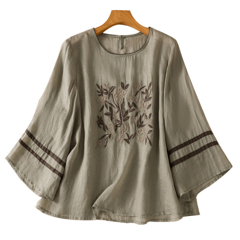 Buddha Stones Retro Embroidery Floral Three Quarter Sleeve Women's Cotton T-Shirt - image 15