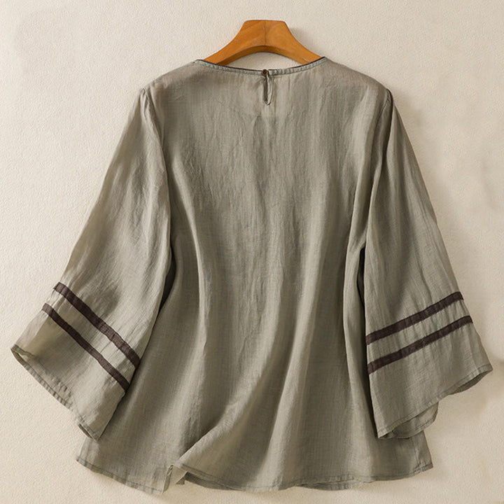 Buddha Stones Retro Embroidery Floral Three Quarter Sleeve Women's Cotton T-Shirt - image 9