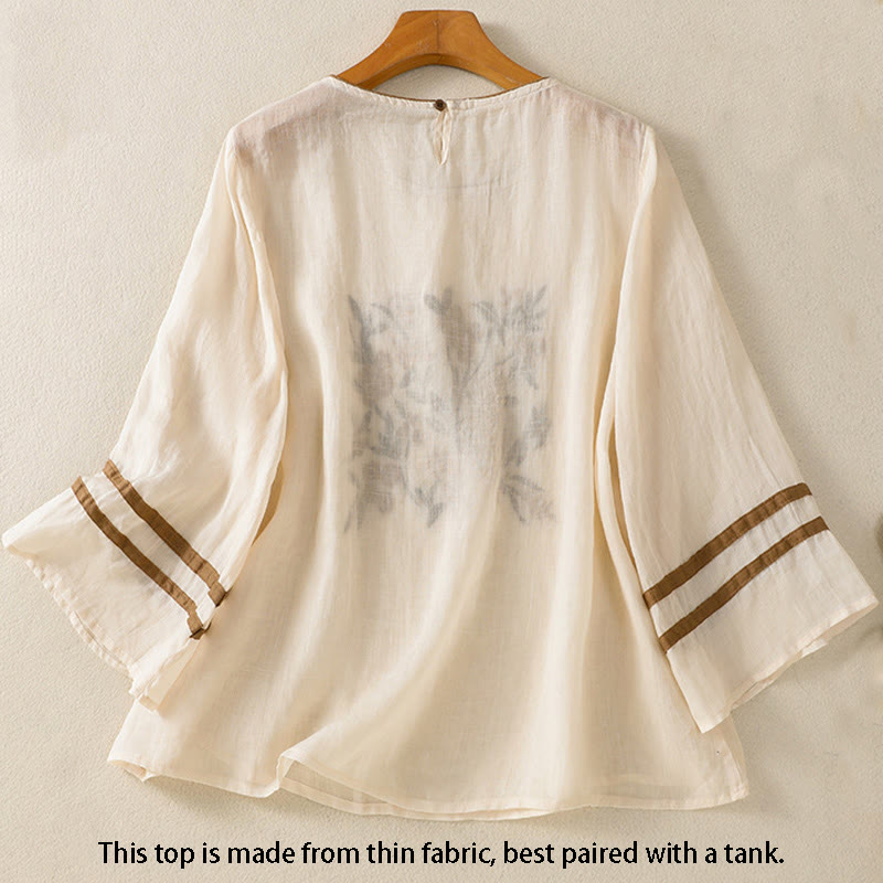 Buddha Stones Retro Embroidery Floral Three Quarter Sleeve Women's Cotton T-Shirt - image 1