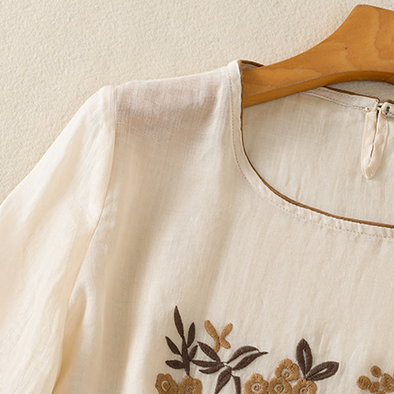 Buddha Stones Retro Embroidery Floral Three Quarter Sleeve Women's T-Shirt - image 3