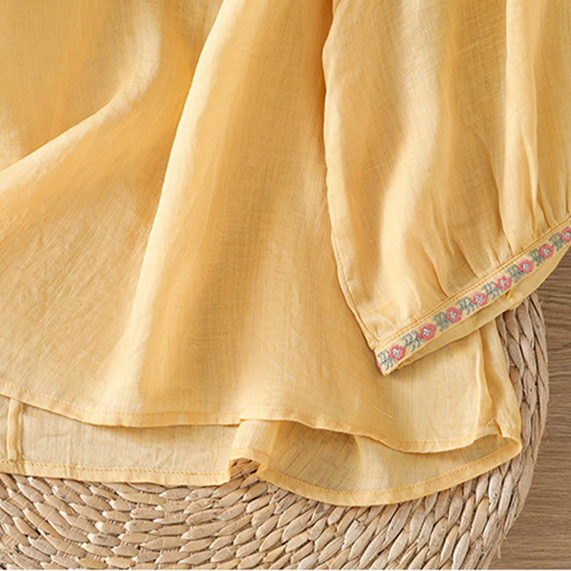 Buddha Stones Embroidery Button Three Quarter Sleeve Notched Neck Women's Cotton Shirt - image 6