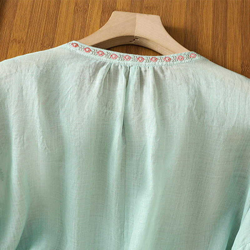 Buddha Stones Embroidery Button Three Quarter Sleeve Notched Neck Women's Cotton Shirt - image 28